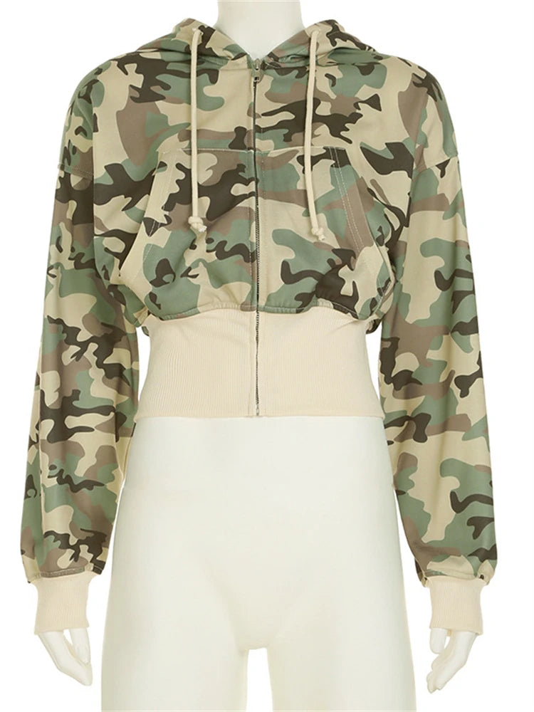 Camo Set for Women | Zip Up Hooded Crop Bomber Jacket and Straight Cargo Pants