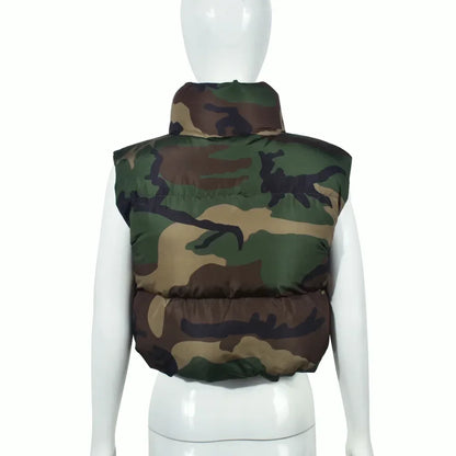 Women's Camo Zipper Puffer Jacket, Hollow Sleeve, Stand Collar