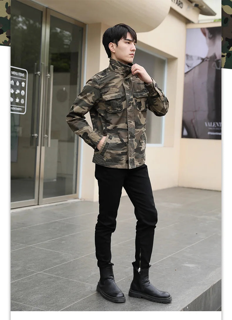 Men's Oversized Camo Denim Jacket: Thick, Green Military Coat