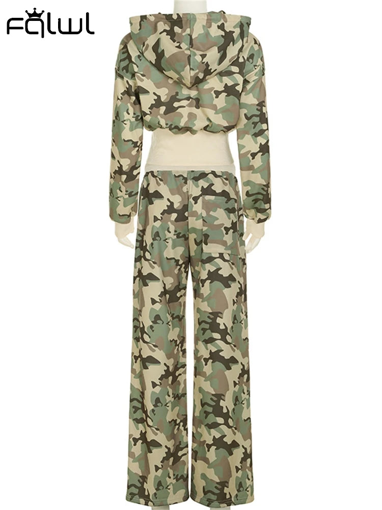 Camo Set for Women | Zip Up Hooded Crop Bomber Jacket and Straight Cargo Pants