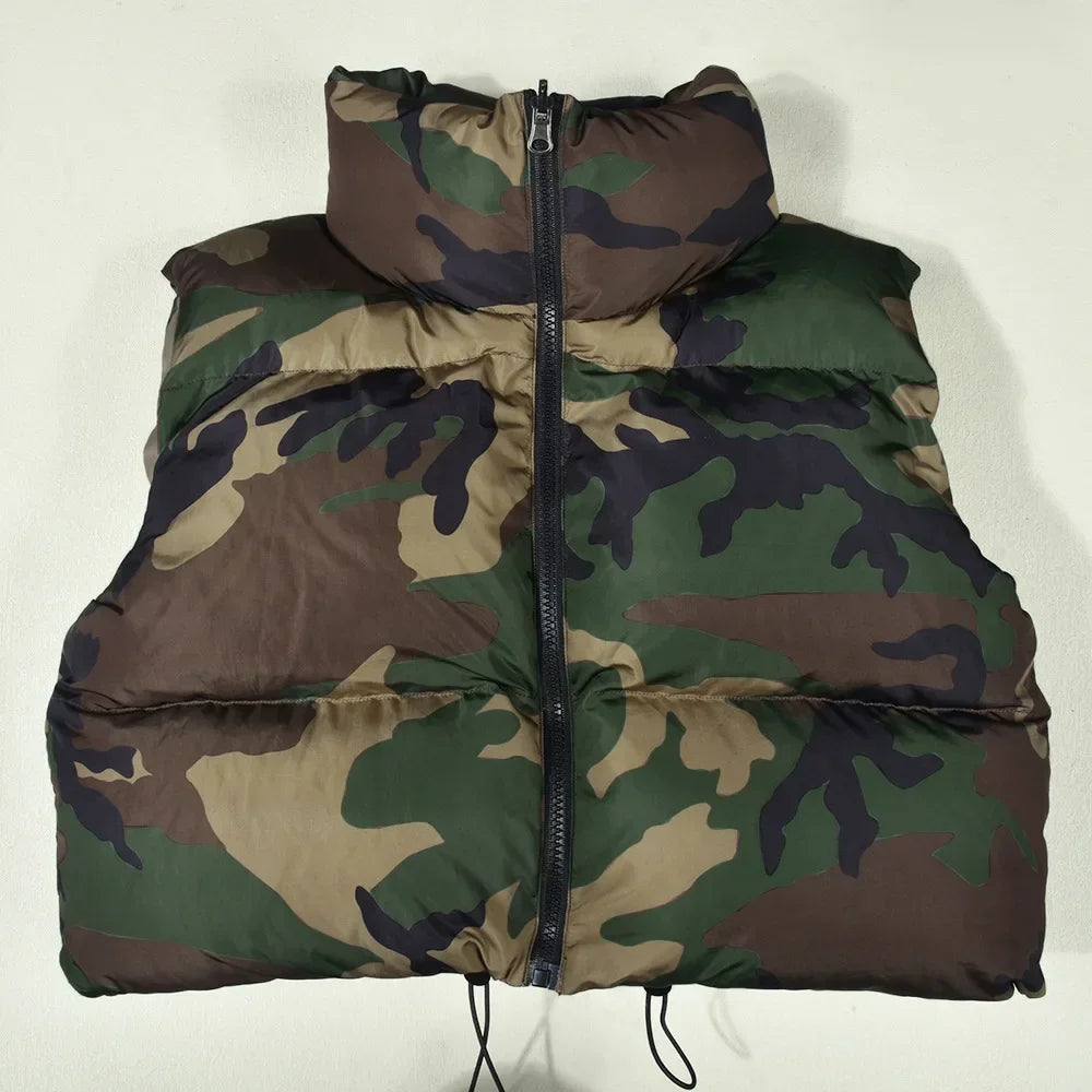 Women's Camo Zipper Puffer Jacket, Hollow Sleeve, Stand Collar