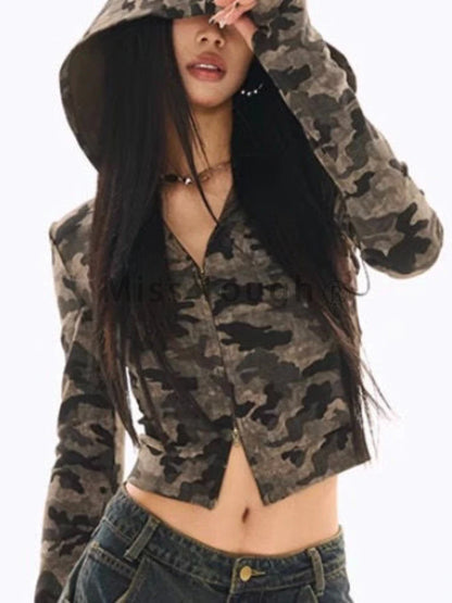 Retro Camo Hooded T-shirt for Women | Slim Fit Causal Long Sleeve