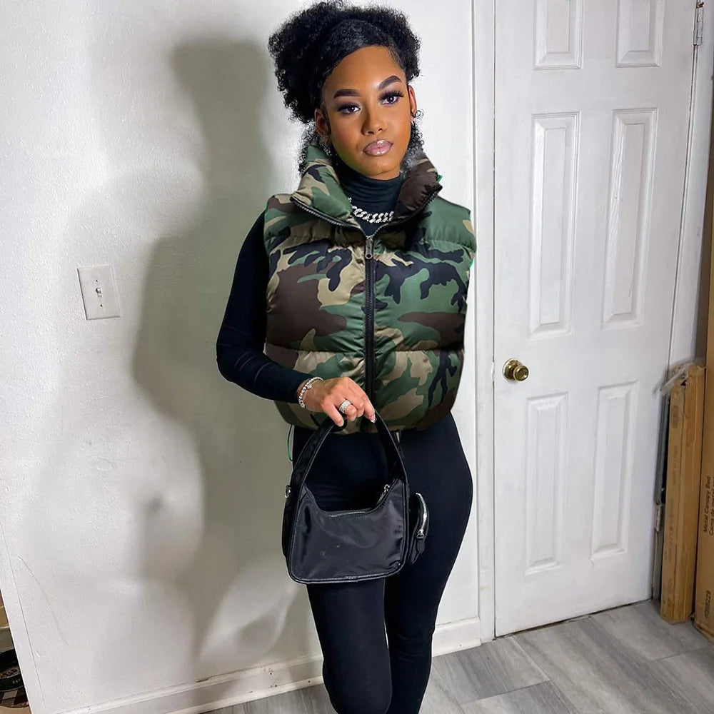 Women's Camo Stand Collar Puffer Vest, Fall/Winter Casual Jacket