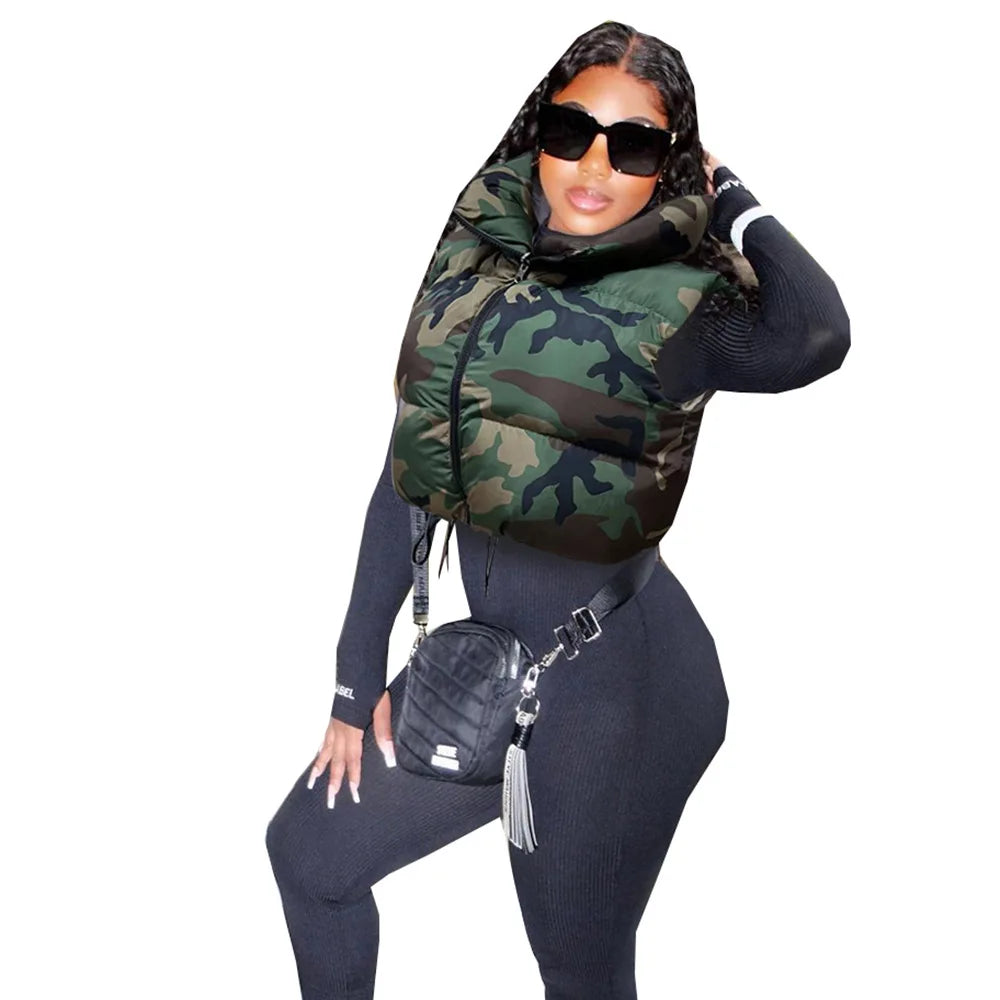 Women's Camo Stand Collar Puffer Vest, Fall/Winter Casual Jacket