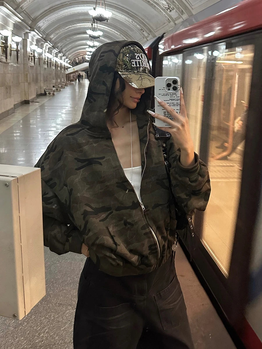 Women's Camo Sweatshirt Jacket: Hood, Zip-Up, Oversized Cardigan