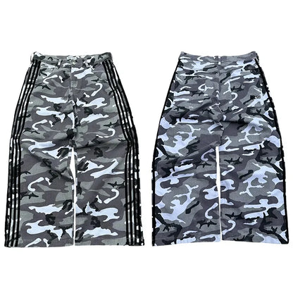 Y2K Embroidered Striped Camo Cargo Jeans Men Women Wide-Leg