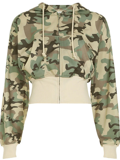 Camo Set for Women | Zip Up Hooded Crop Bomber Jacket and Straight Cargo Pants