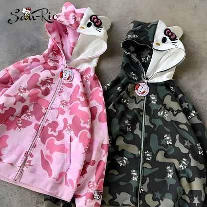 Hello Kitty Zip Hoodie Loose Cardigan for Women | Oversized