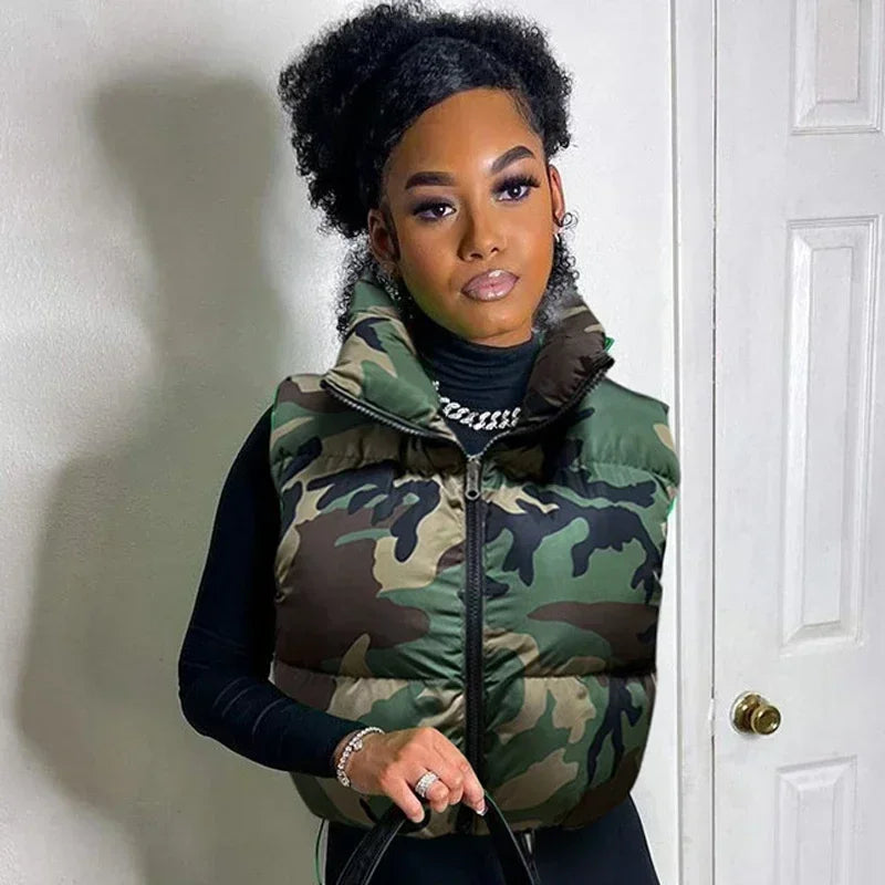 Women's Camo Zipper Puffer Jacket, Hollow Sleeve, Stand Collar