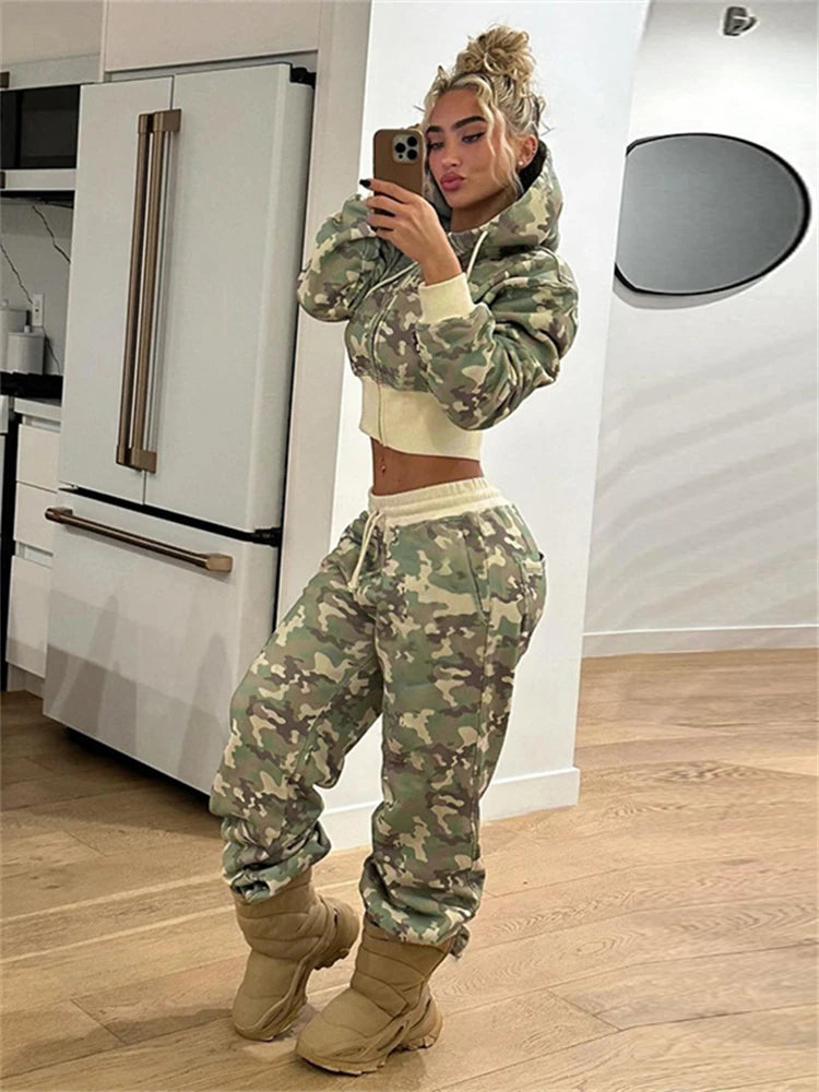 Camo Set for Women | Zip Up Hooded Crop Bomber Jacket and Straight Cargo Pants