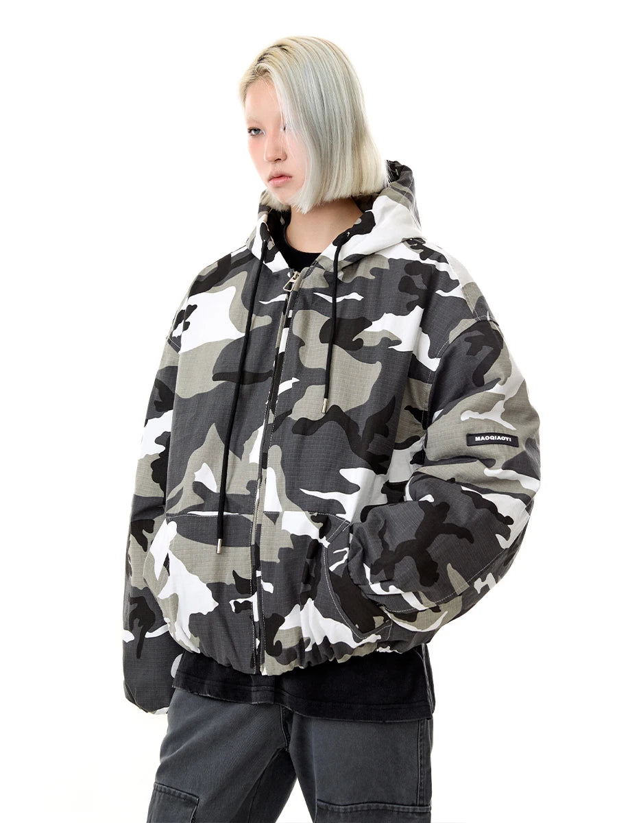 Winter American Camo Hooded Bomber Jacket: Unisex, Loose Fit