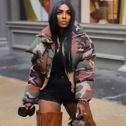 Fashionable Women's Camo Bubble Puffer Coat, Retro Parka