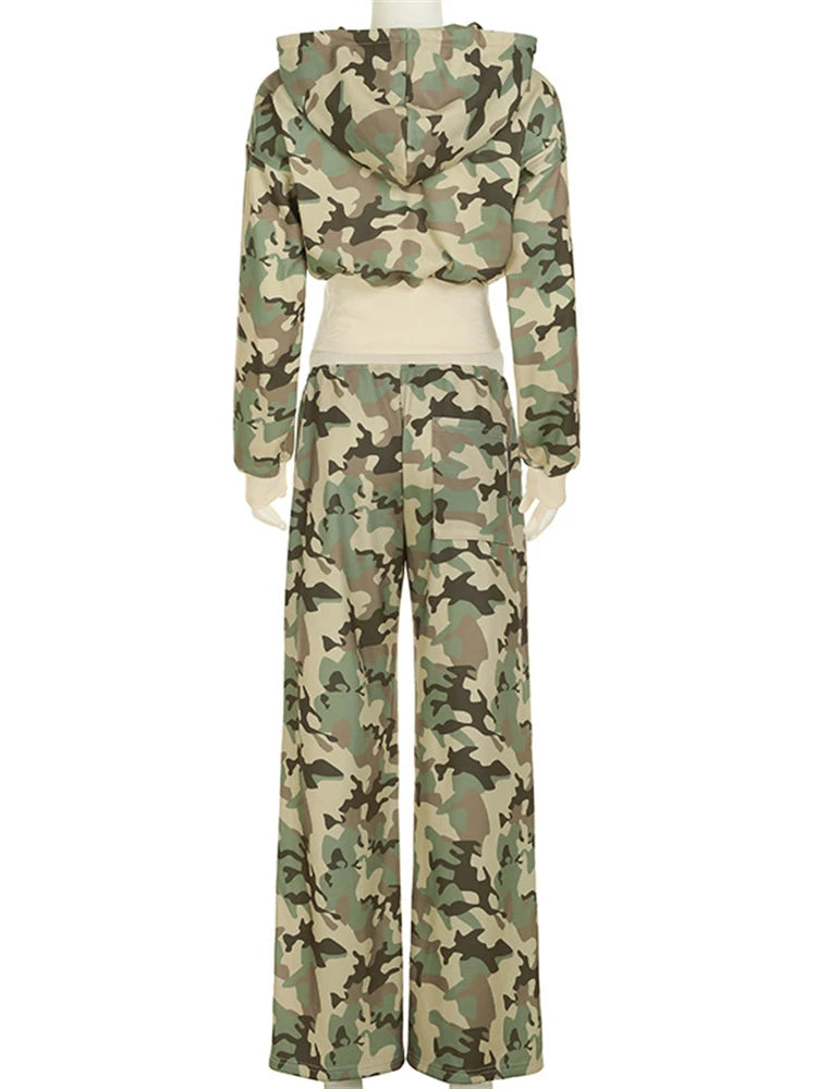 Camo Set for Women | Zip Up Hooded Crop Bomber Jacket and Straight Cargo Pants