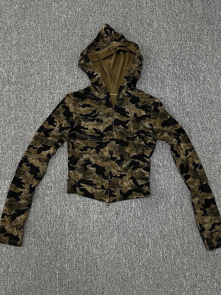 Retro Camo Hooded T-shirt for Women | Slim Fit Causal Long Sleeve