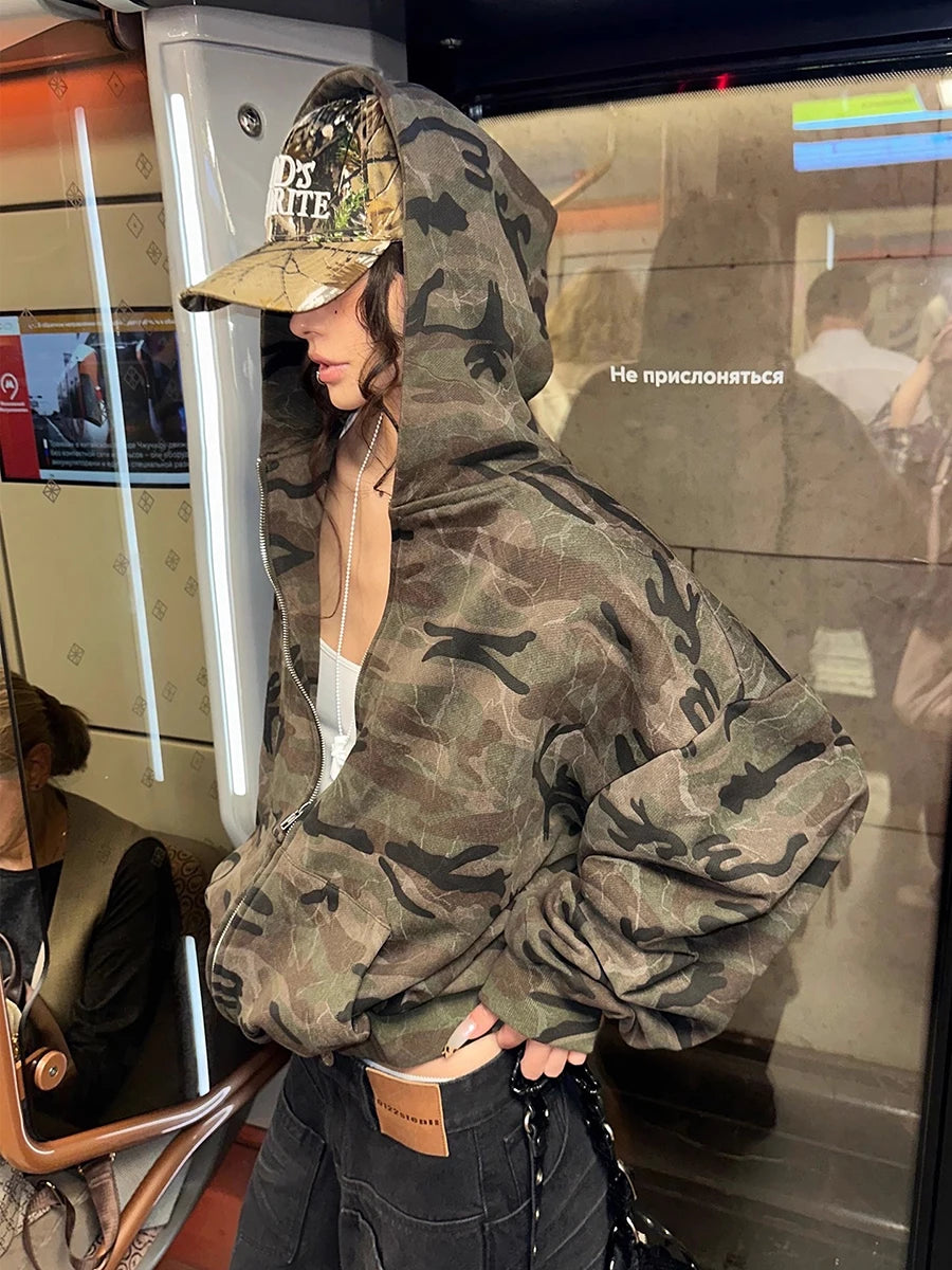 Women's Camo Sweatshirt Jacket: Hood, Zip-Up, Oversized Cardigan