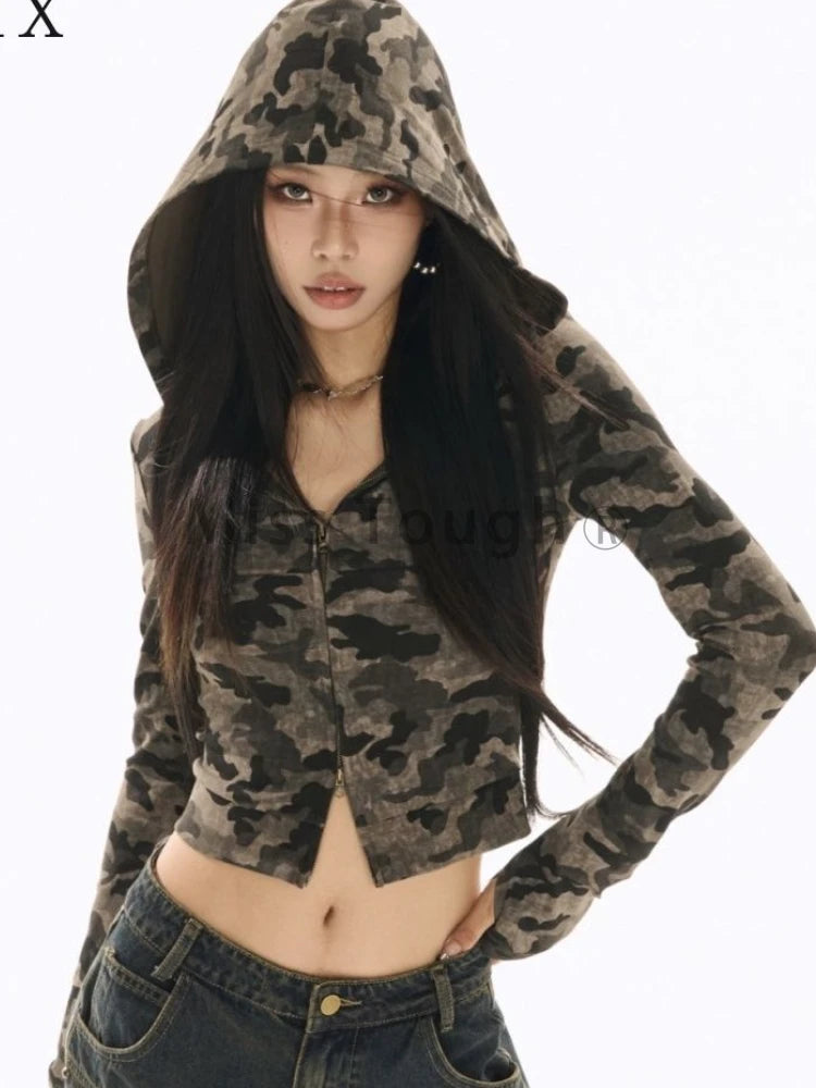 Retro Camo Hooded T-shirt for Women | Slim Fit Causal Long Sleeve