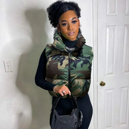 Women's Camo Zipper Puffer Jacket, Hollow Sleeve, Stand Collar