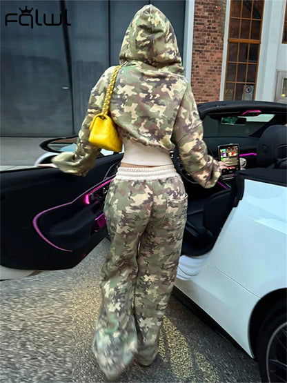 Camo Set for Women | Zip Up Hooded Crop Bomber Jacket and Straight Cargo Pants