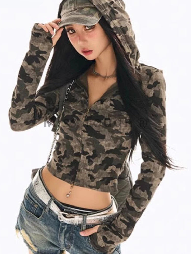 Retro Camo Hooded T-shirt for Women | Slim Fit Causal Long Sleeve