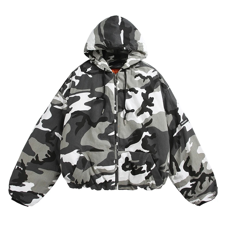 Winter American Camo Hooded Bomber Jacket: Unisex, Loose Fit