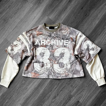 American Y2K Camo T-Shirt Women's Splicing Lettered Long Sleeve