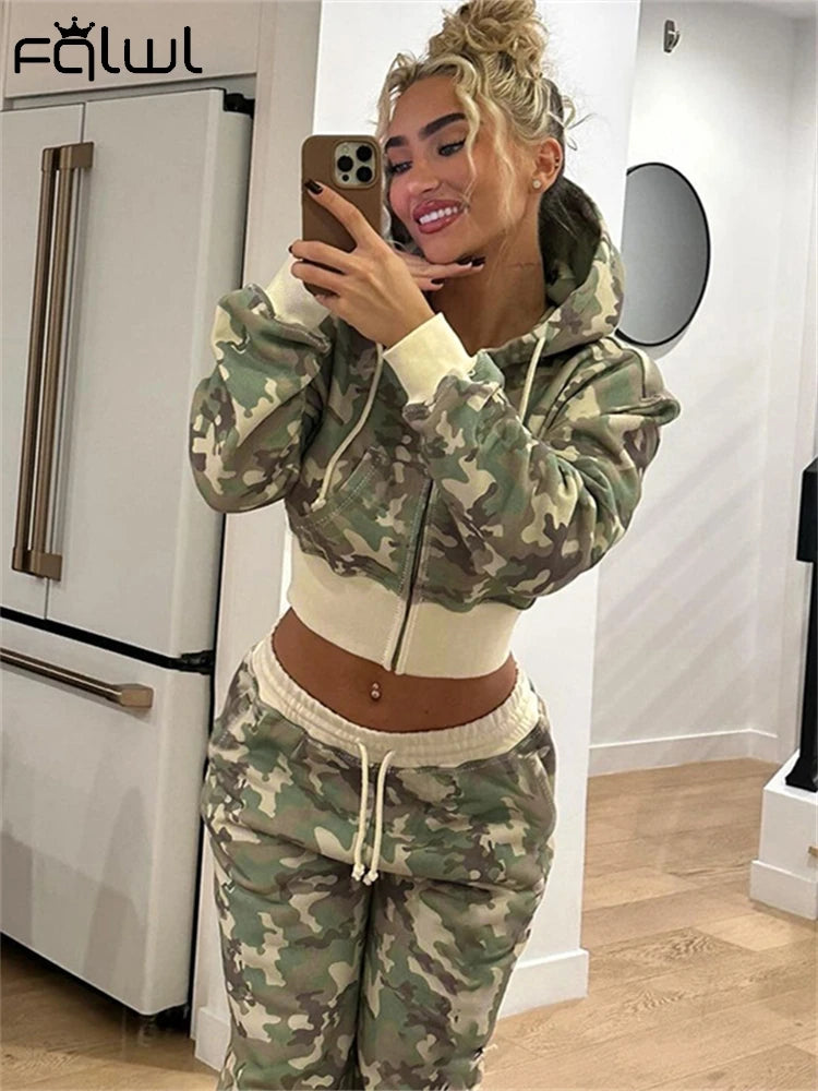 Camo Set for Women | Zip Up Hooded Crop Bomber Jacket and Straight Cargo Pants