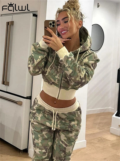 Camo Set for Women | Zip Up Hooded Crop Bomber Jacket and Straight Cargo Pants