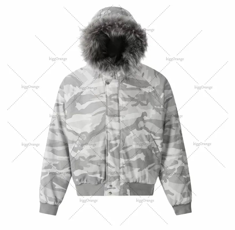 Harajuku Camo Bomber Jacket with Fur Collar Warm Coat Men