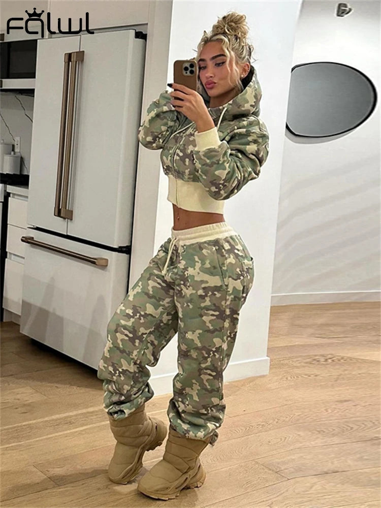 Camo Set for Women | Zip Up Hooded Crop Bomber Jacket and Straight Cargo Pants