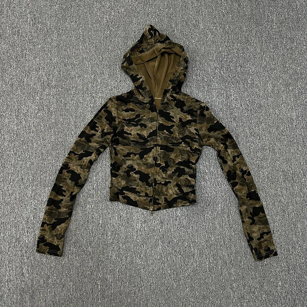 Retro Camo Hooded T-shirt for Women | Slim Fit Causal Long Sleeve