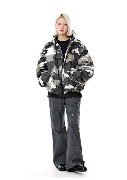 Winter American Camo Hooded Bomber Jacket: Unisex, Loose Fit