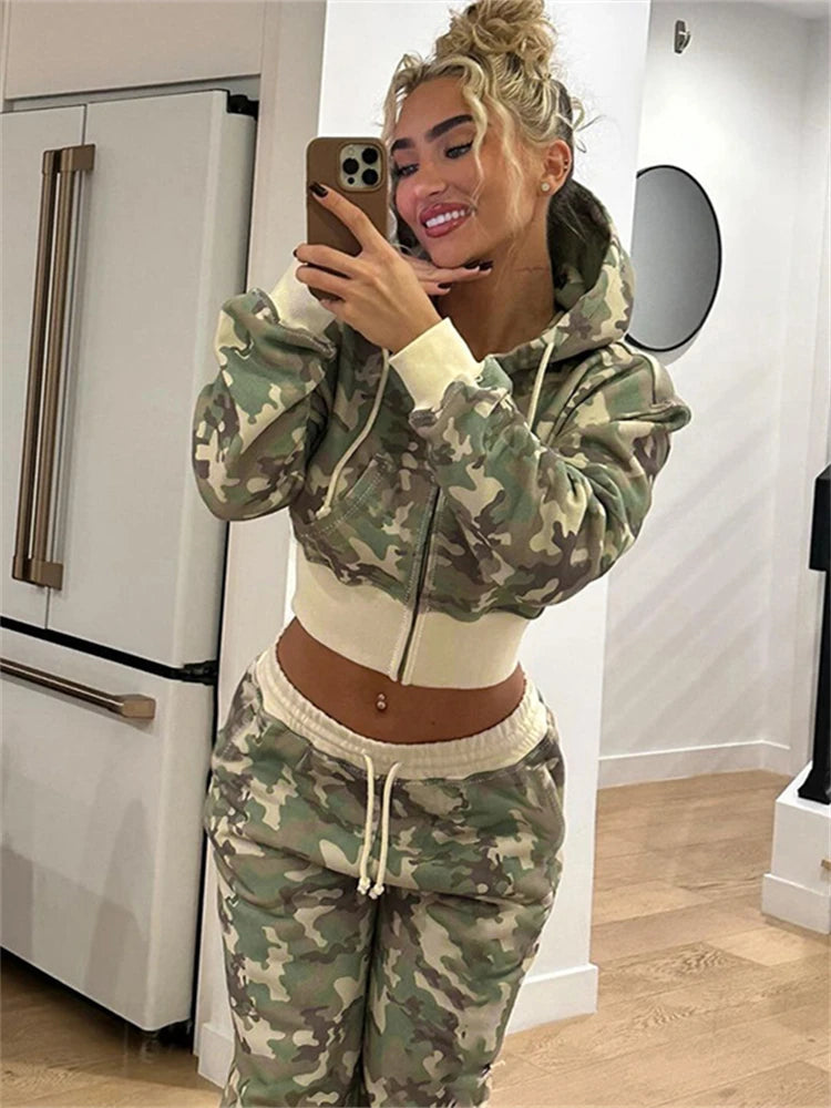 Camo Set for Women | Zip Up Hooded Crop Bomber Jacket and Straight Cargo Pants