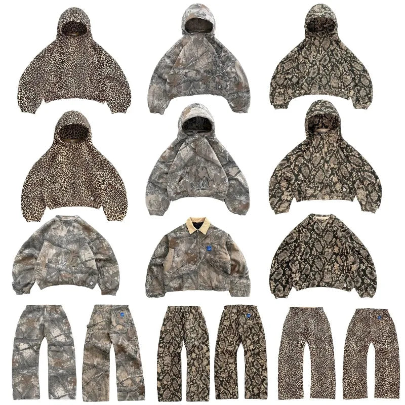 Vintage Camouflage Hoodie Set – Python & Leopard Patterns