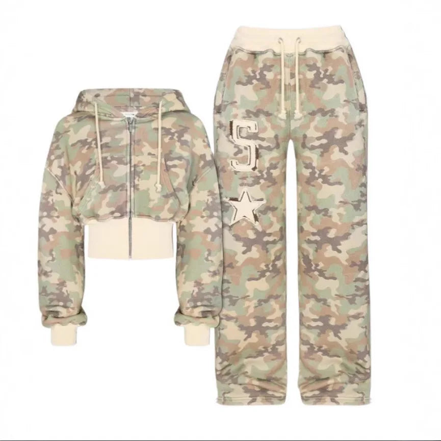 Camouflage Cardigan Zip Up Long Sleeve Pants Set For Women