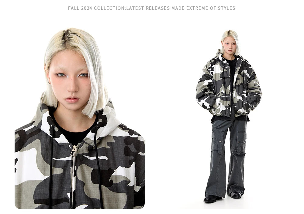 Winter American Camo Hooded Bomber Jacket: Unisex, Loose Fit