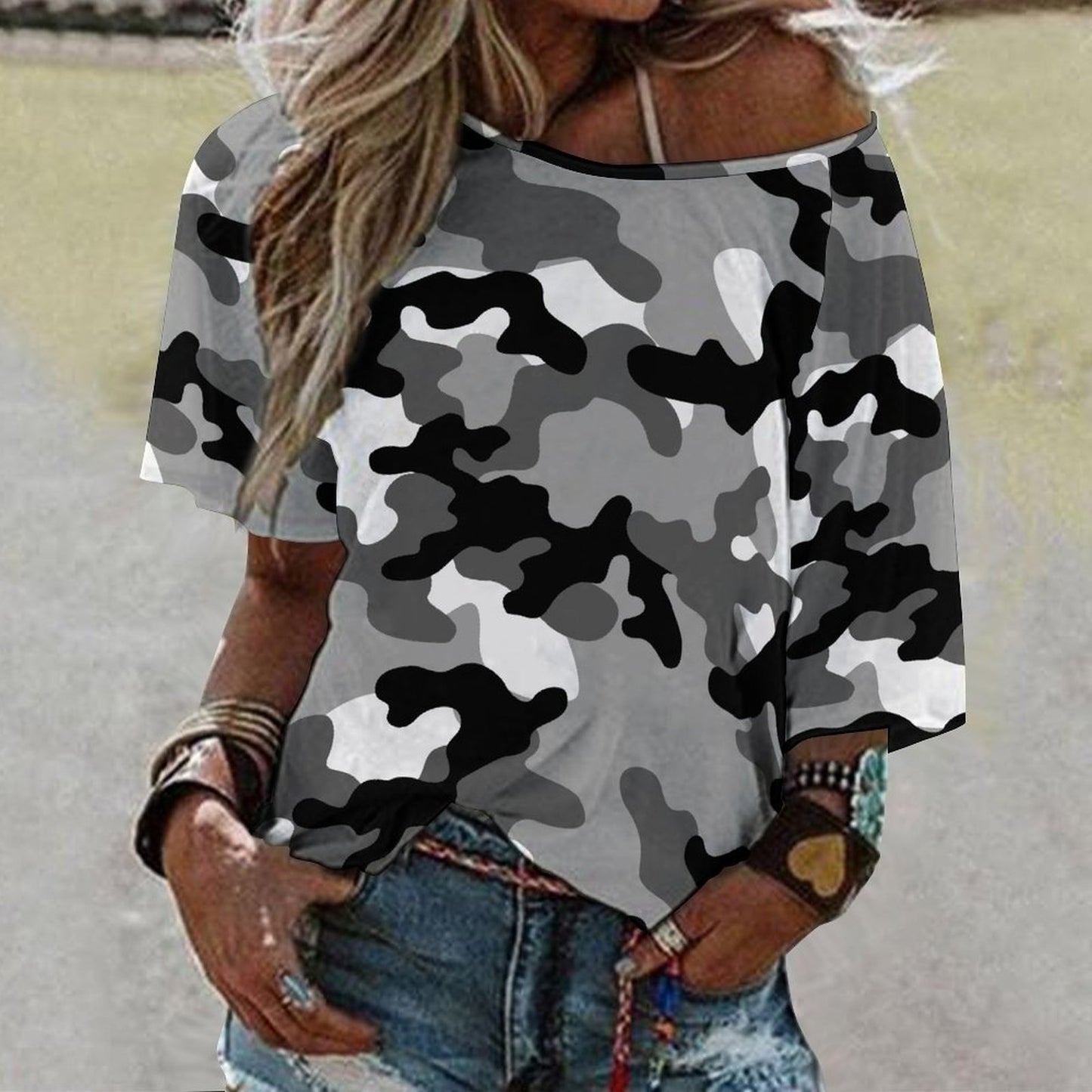 Off The Shoulder Top | Black, White & Gray Camo Shirt