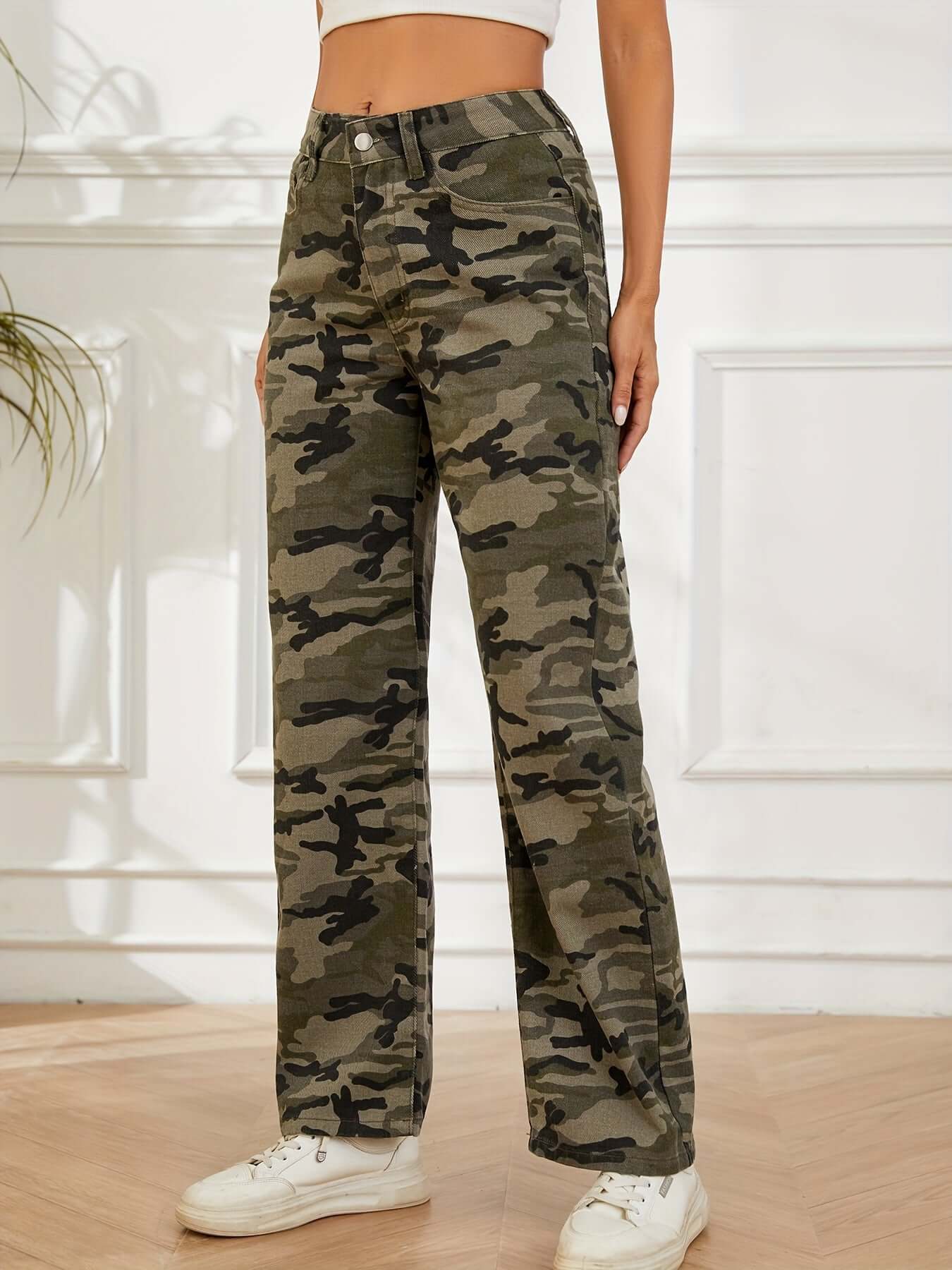 Camo Straight Leg Denim Pants | High Waist Military Casual Wide Leg Jeans