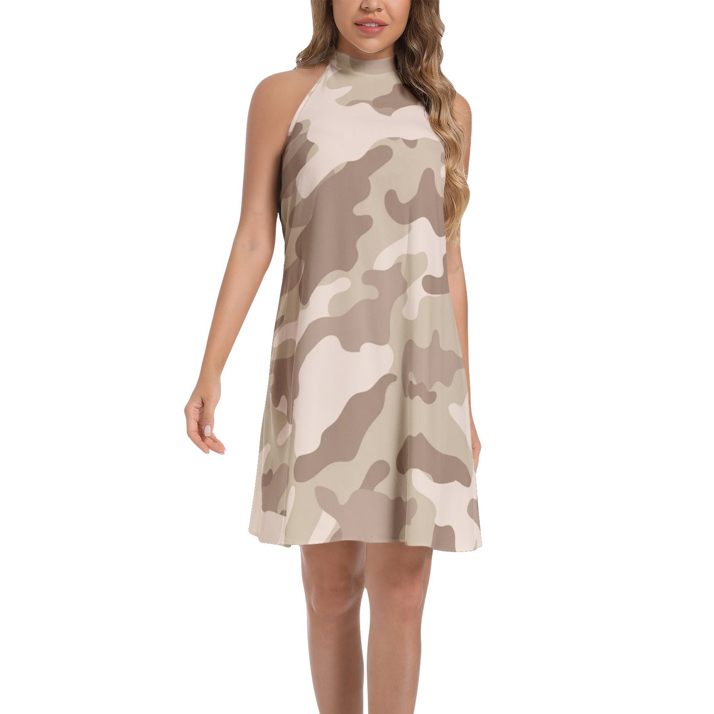 Flared Camo Dress | Halter Neck | Desert Brown Camouflage