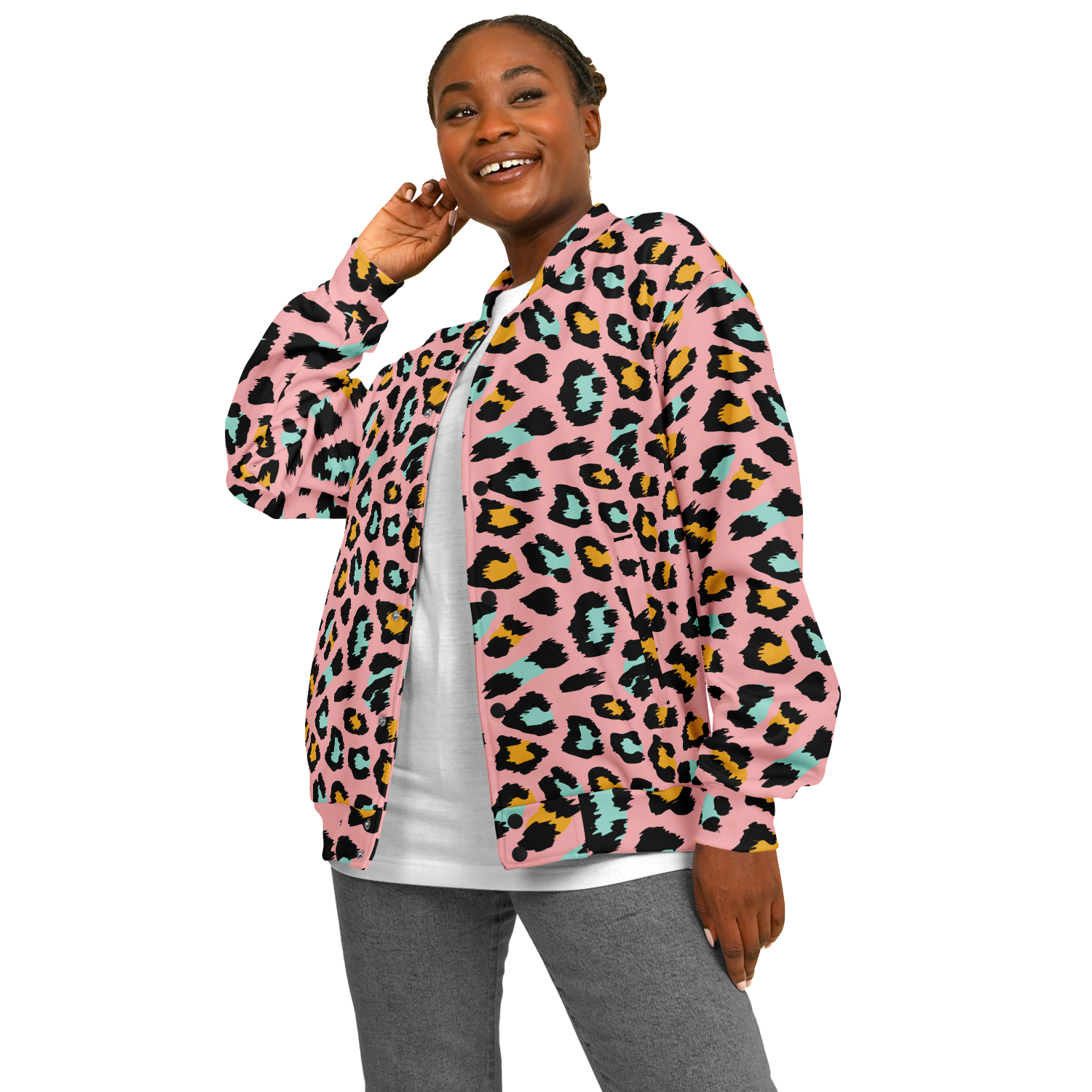 Pink Panther Baseball Jacket | Leopard Print in Black & Yellow