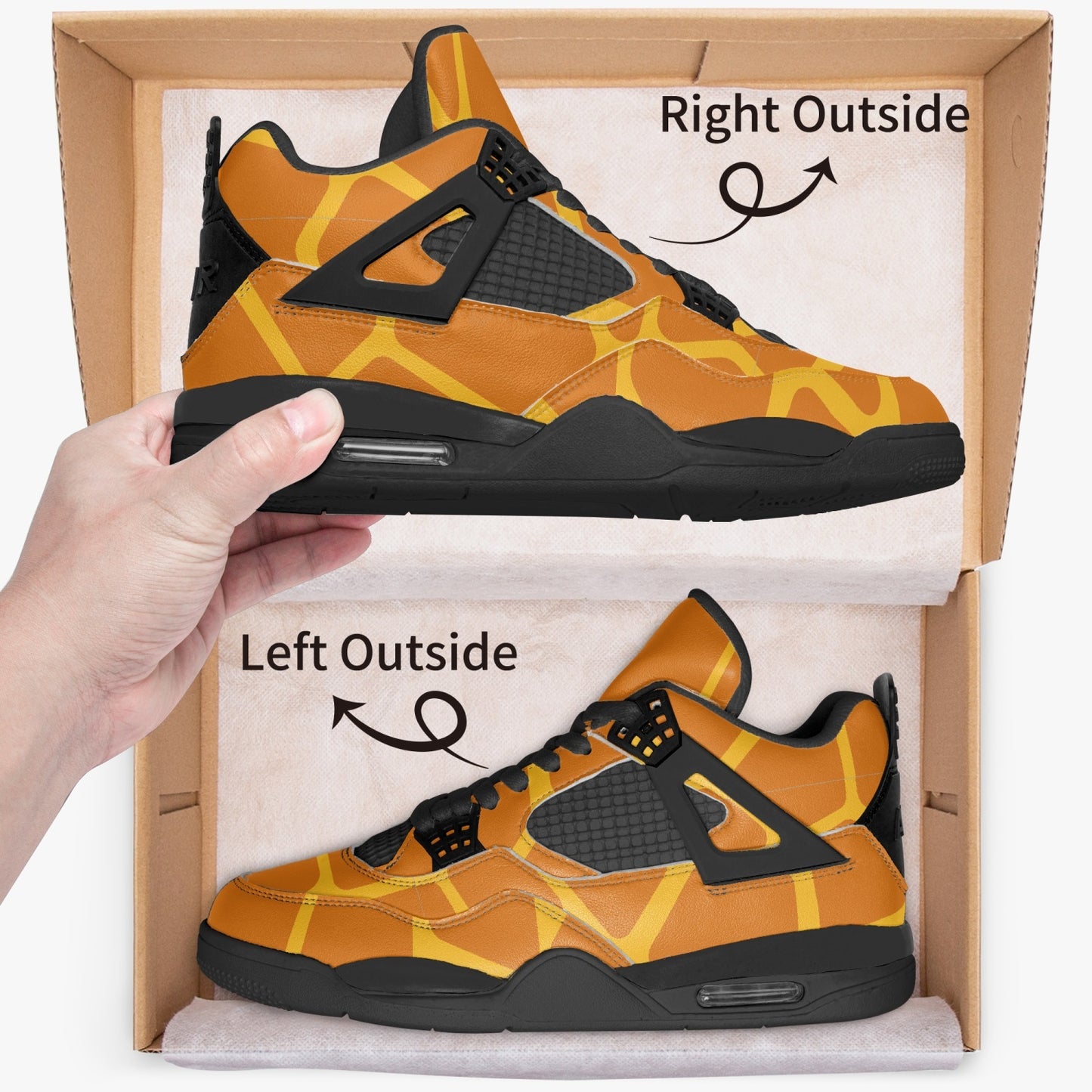 Giraffe Jordans AJ4 | Brown and Yellow Sneakers