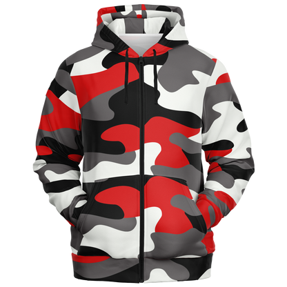 Zip-Up Hoodie | Red, Black, and White Camouflage