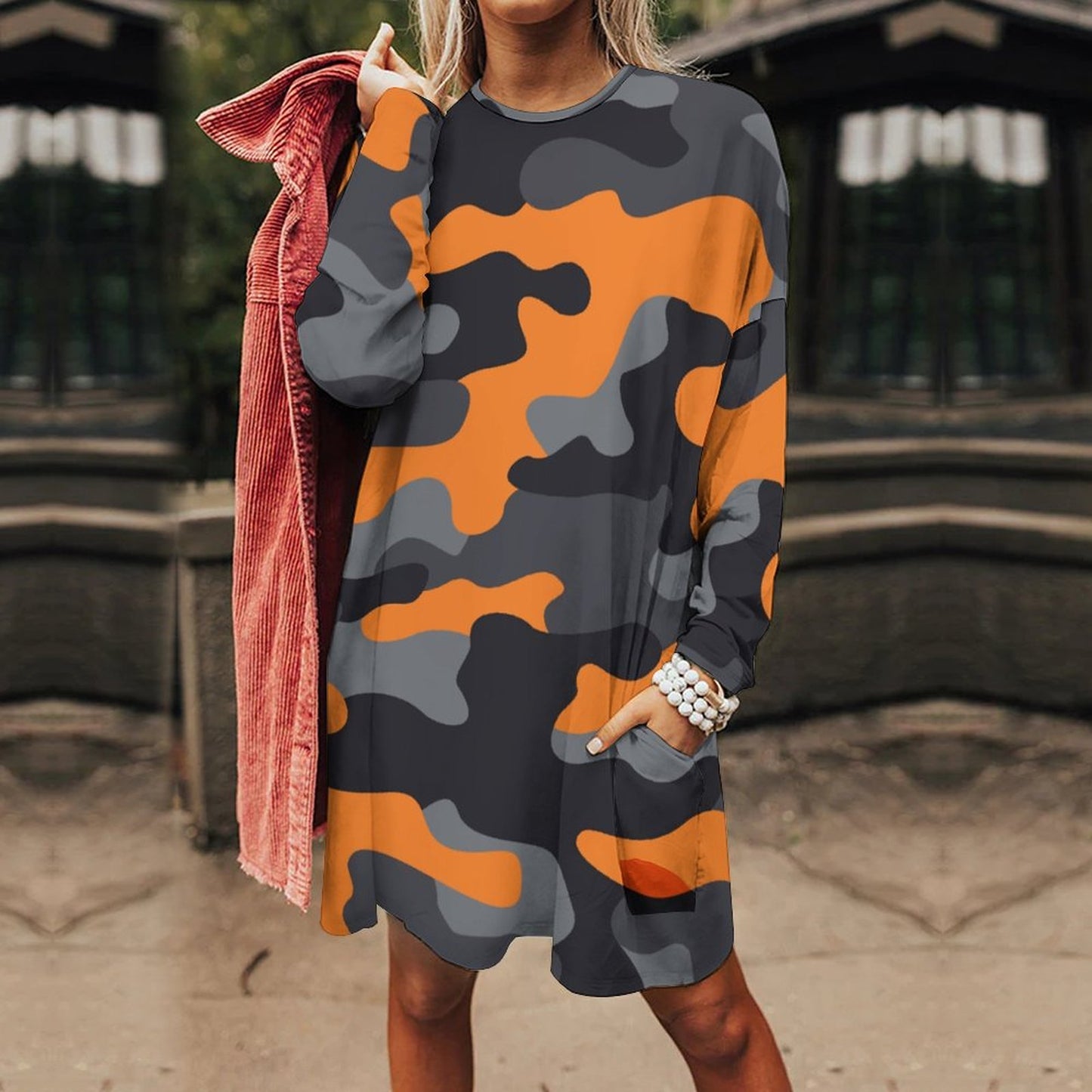 Camo Shirt | Loose Fit Long Sleeves | Orange, Black, and Gray