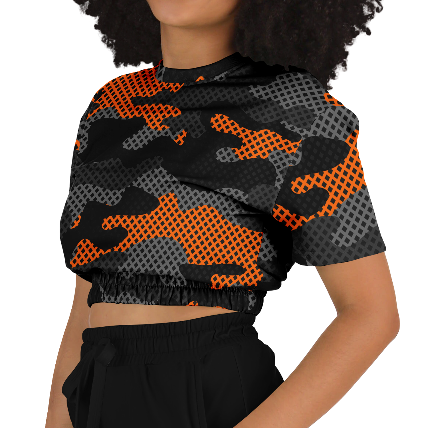 Camo Crop Top Sweatshirt | Black & Orange Pixel Pattern