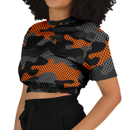 Camo Crop Top Sweatshirt | Black & Orange Pixel Pattern