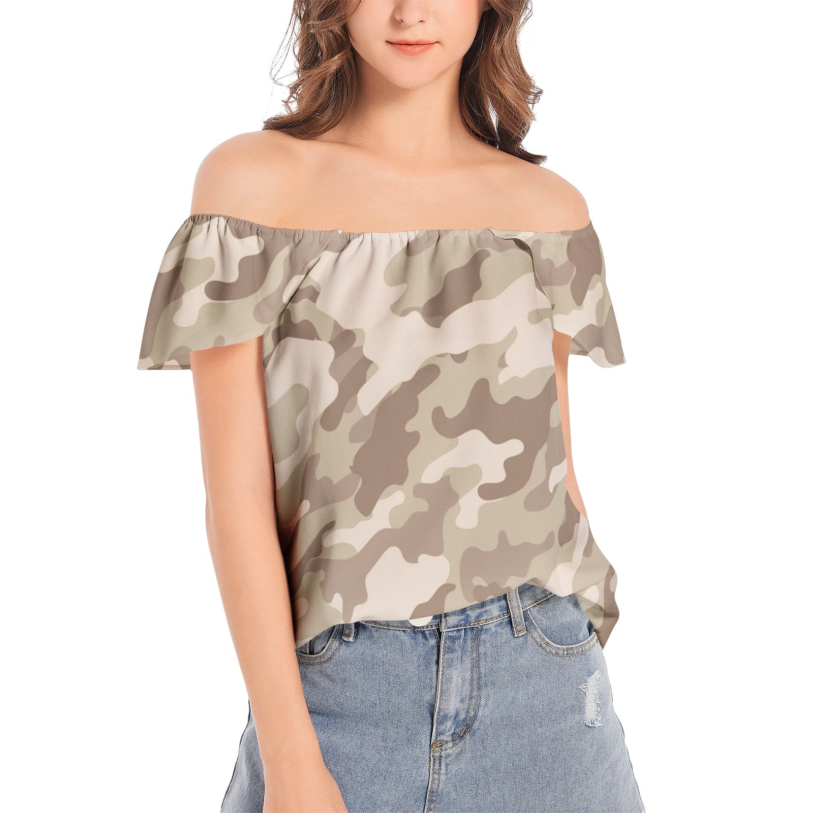 Off The Shoulder Camo Top | Desert Brown Camouflage