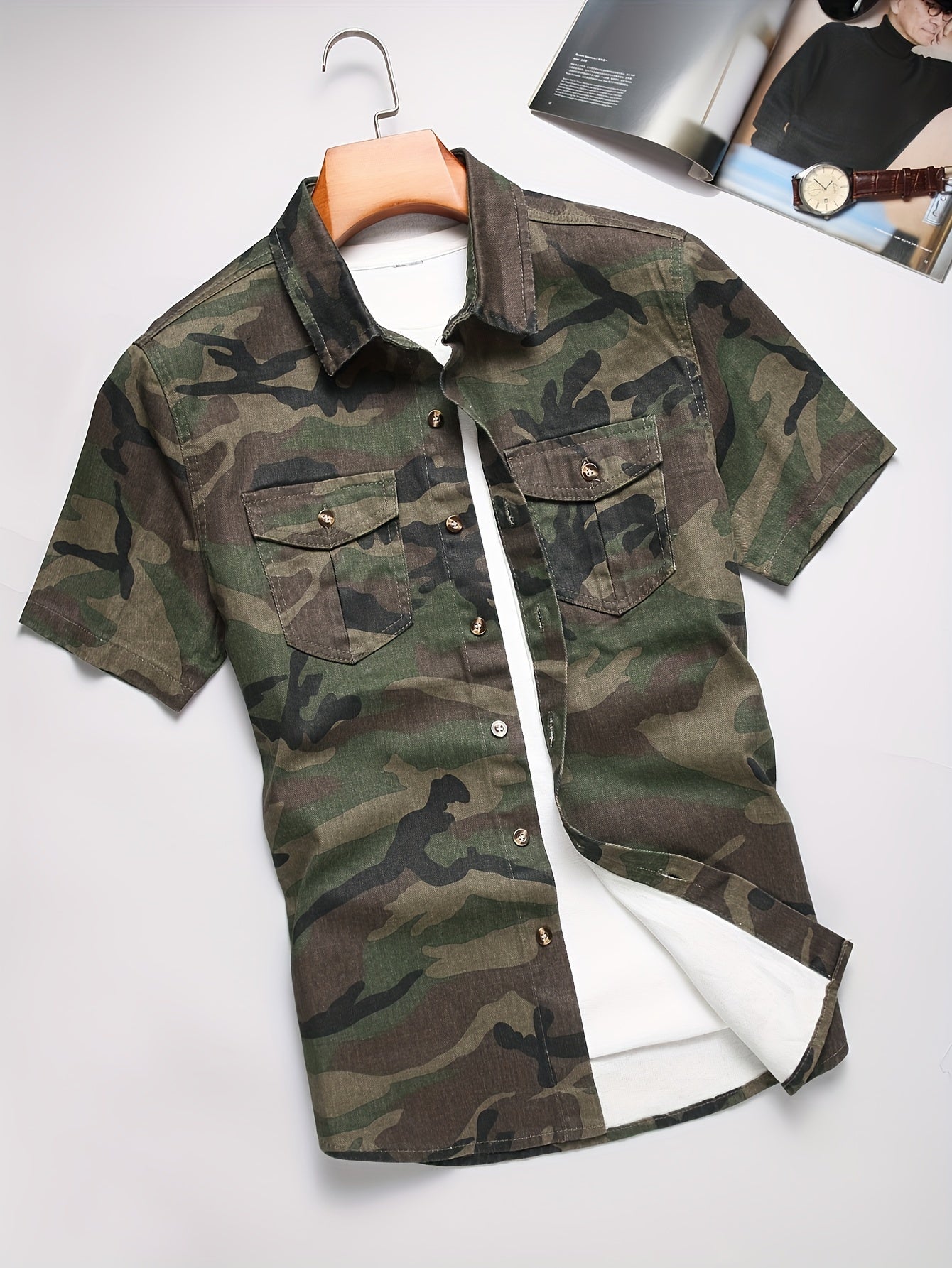 Men's Casual Camo Button Up Short Sleeve Denim Shirt