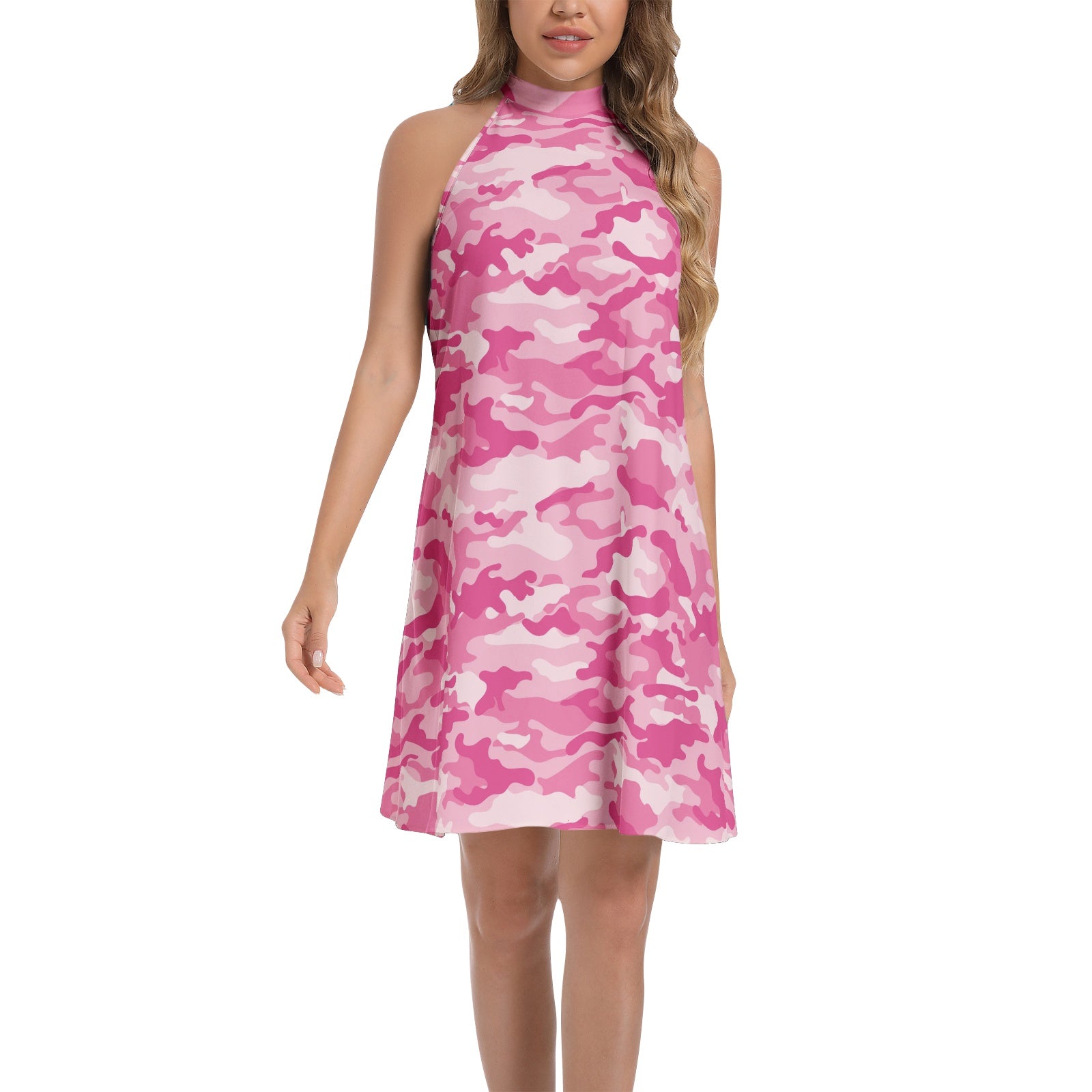 Flared Camo Dress | Halter Neck | Lavender Pink Camouflage