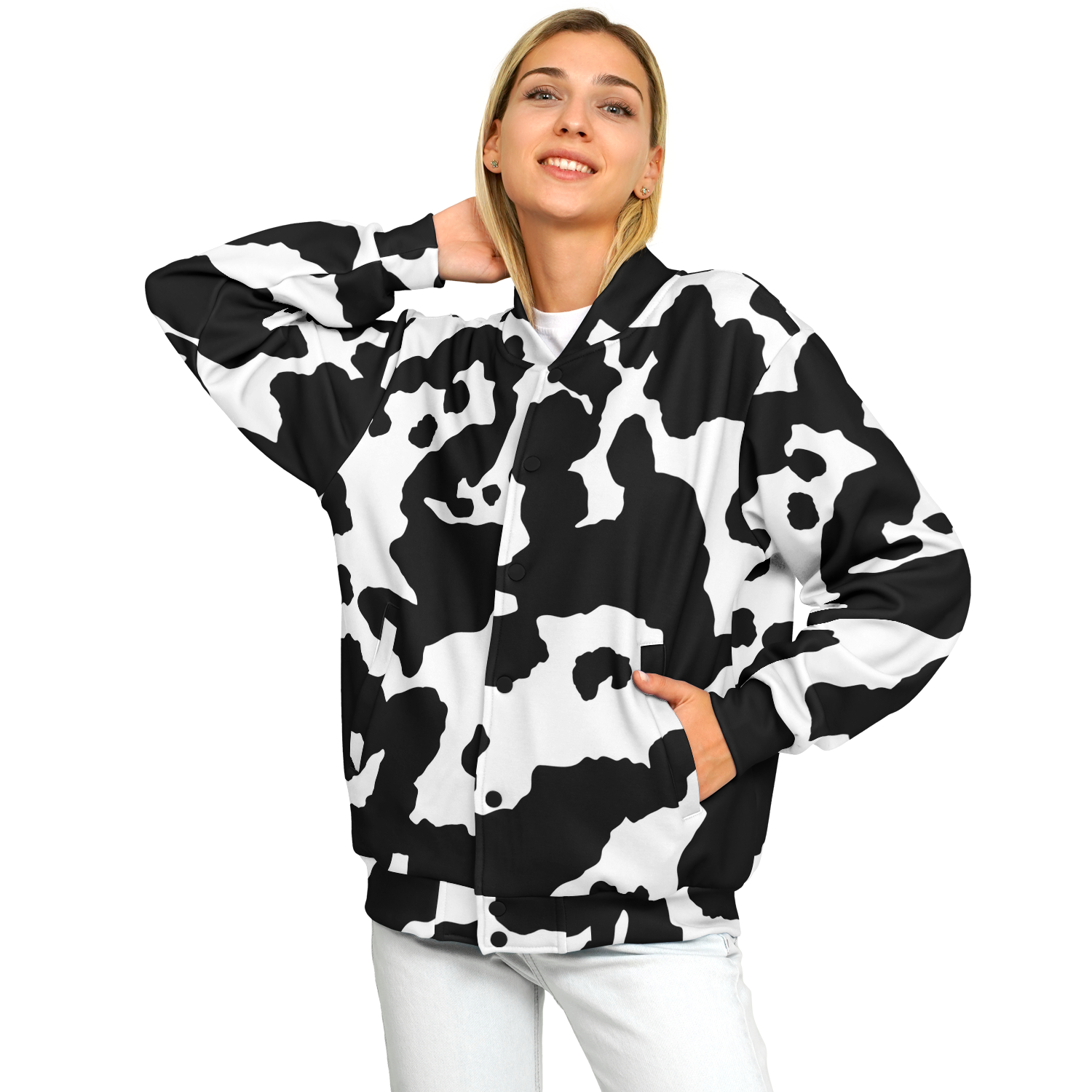 Baseball Jacket in Black & White Cow Print | Unisex