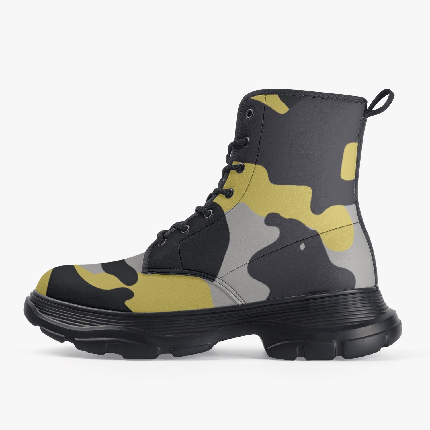 Chunky Boots | Leather in Yellow, Black & Silver Camouflage