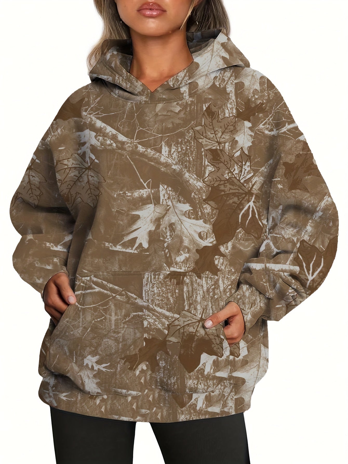 Leaf Print Drop Shoulder Hoodie with Kangaroo Pocket